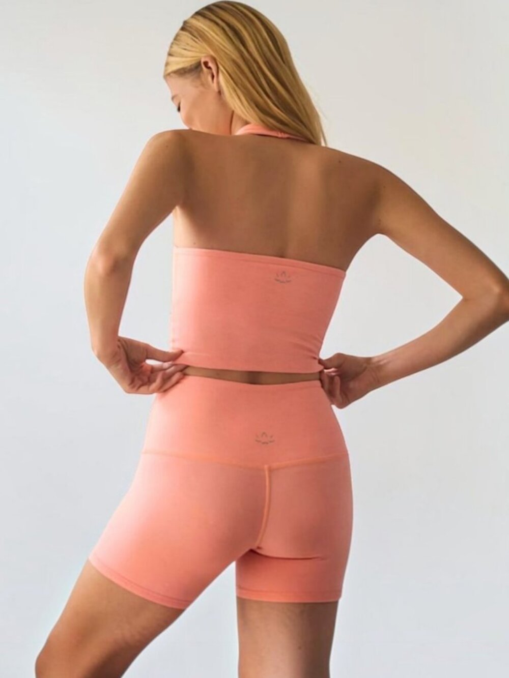 Beyond Yoga workout set halter tank & high rise biker 3" shorts Electric Peach M